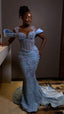Sparkly Rhinestones Blue Mermaid Long Formal Prom Dresses Formal Evening Dresses