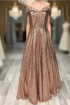 Sparkly Rose Gold Sequin Ball Gown Dresses Off Shoulder