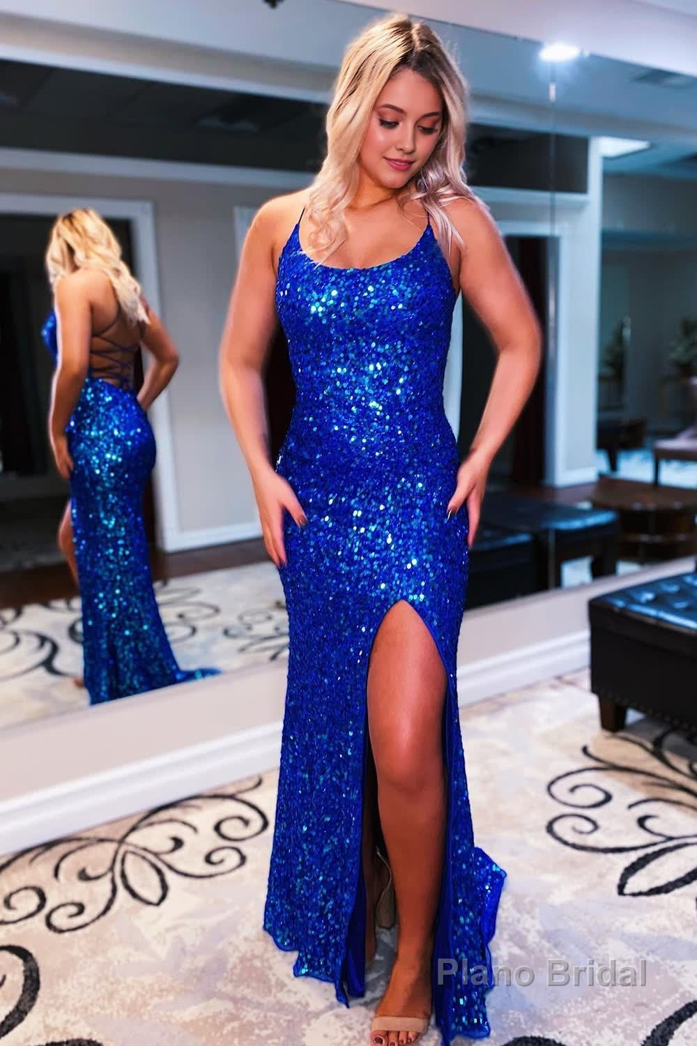 Sparkly Royal Blue Backless Sequins Long Prom Dress with Slit Main image
