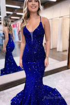Sparkly Royal Blue Lace-Up Back Sequins Mermaid Long Prom Dress