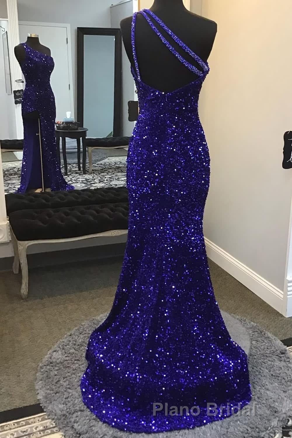 Sparkly Royal Blue Sequins One Shoulder Long Formal Prom