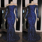 Sparkly Sequined Mermaid Formal Prom Dresses Royal Blue Long Sleeve Graduation Formal Dresses Formal Evening Gowns