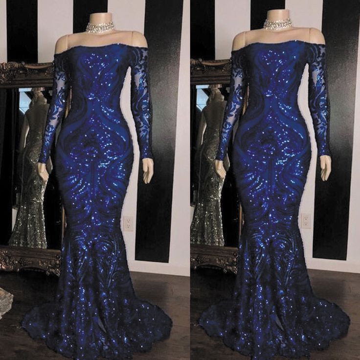 Sparkly Sequined Mermaid Formal Prom Dresses Royal Blue Long Sleeve Graduation Formal Dresses Formal Evening Gowns
