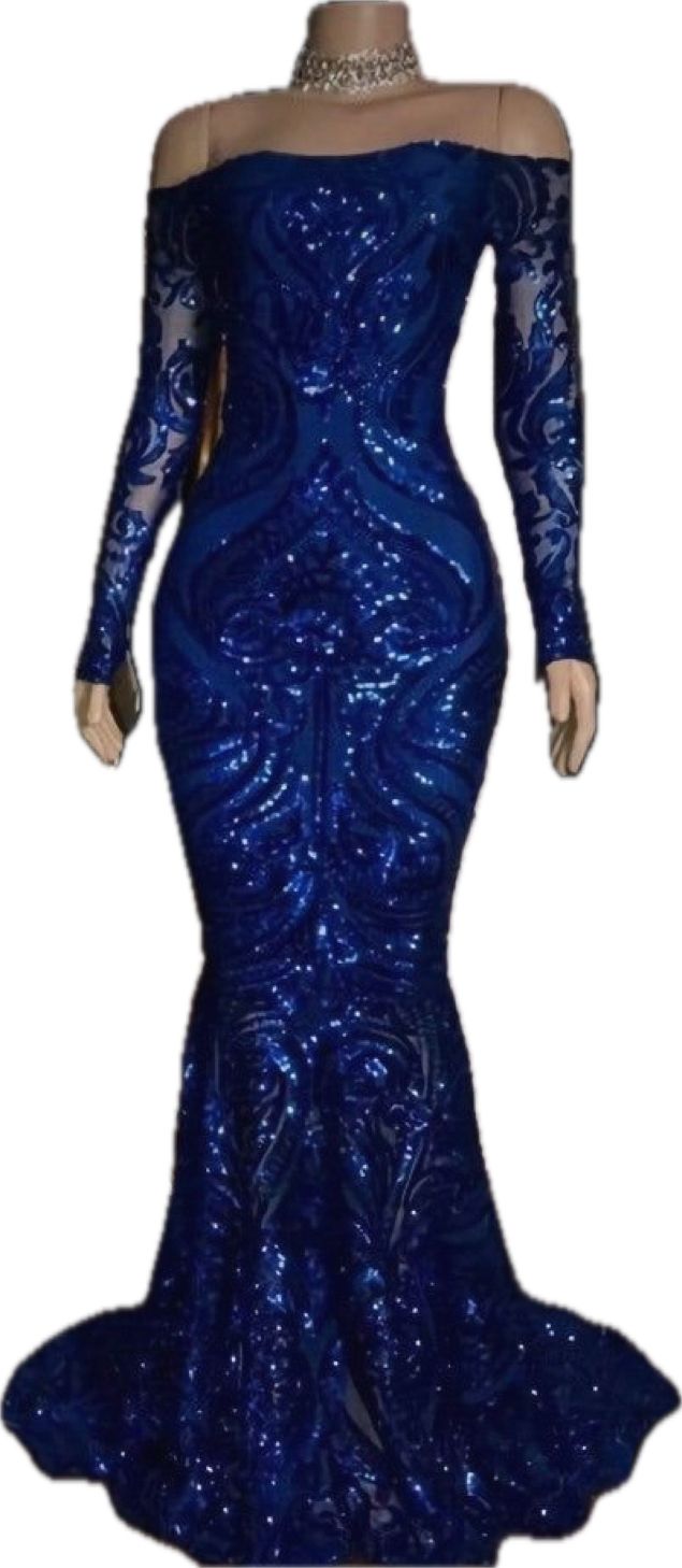 Sparkly Sequined Mermaid Formal Prom Dresses Royal Blue Long Sleeve Graduation Formal Dresses Formal Evening Gowns