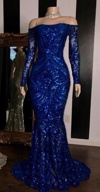 Sparkly Sequined Mermaid Formal Prom Dresses Royal Blue Long Sleeve Graduation Formal Dresses Formal Evening Gowns Main image