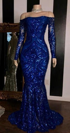 Sparkly Sequined Mermaid Formal Prom Dresses Royal Blue Long Sleeve Graduation Formal Dresses Formal Evening Gowns