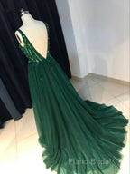 Sparkly Sequins Beaded V-Neck Tulle Open Back Formal Dresses