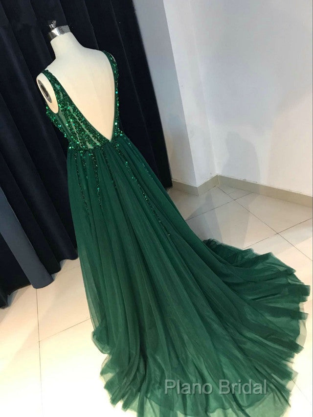 Sparkly Sequins Beaded V-Neck Tulle Open Back Formal Dresses