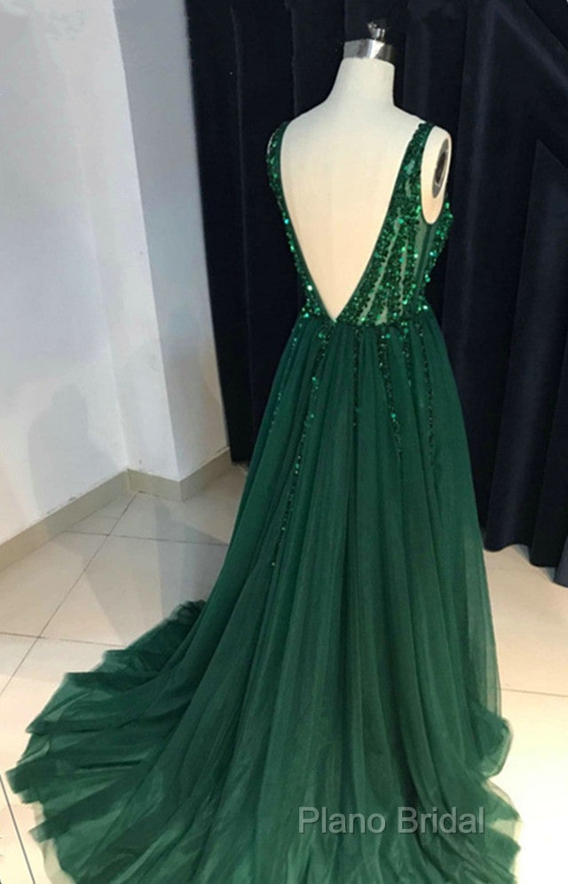 Sparkly Sequins Beaded V-Neck Tulle Open Back Formal Dresses