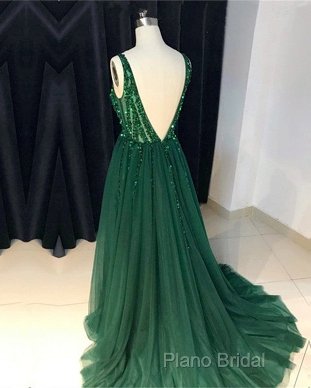 Sparkly Sequins Beaded V-Neck Tulle Open Back Formal Dresses