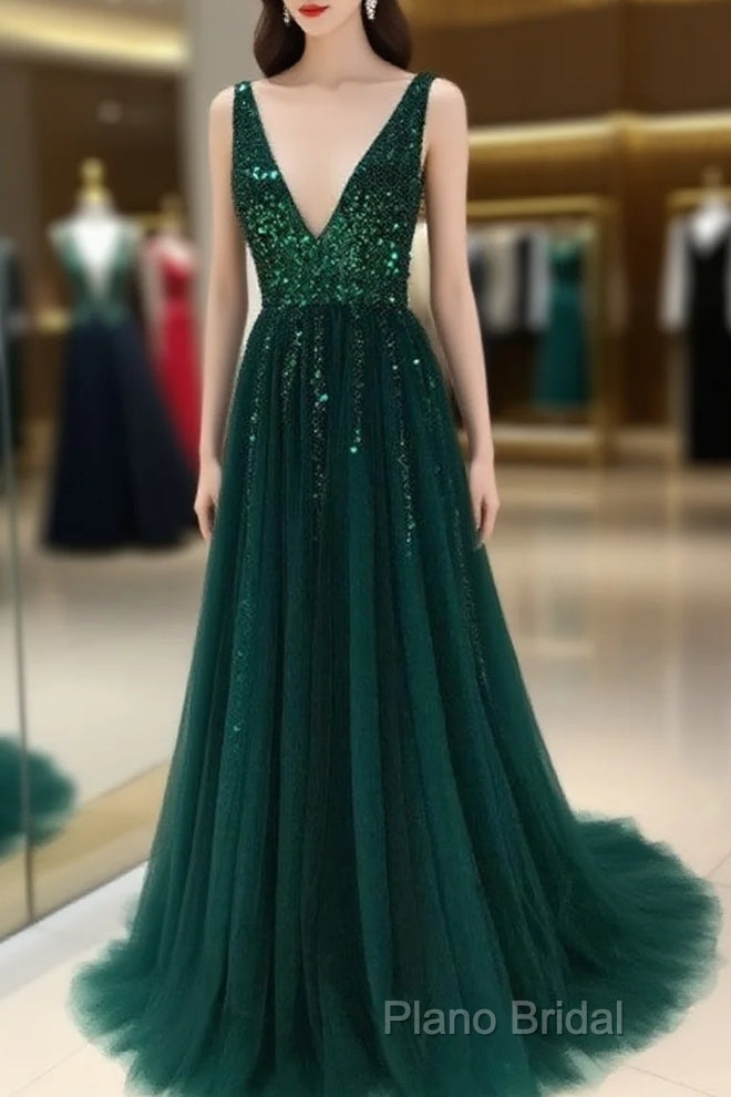 Sparkly Sequins Beaded V-Neck Tulle Open Back Formal Dresses