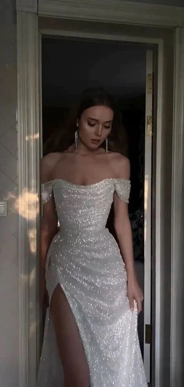 Sparkly Sequins Off Shoulder Side Slit Formal Prom Dresses Main image