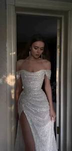 Sparkly Sequins Off Shoulder Side Slit Formal Prom Dresses