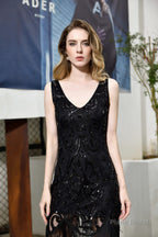 Sparkly Sequins Slim Prom Dresses Black V-Neck Sleeveless Prom Dresses