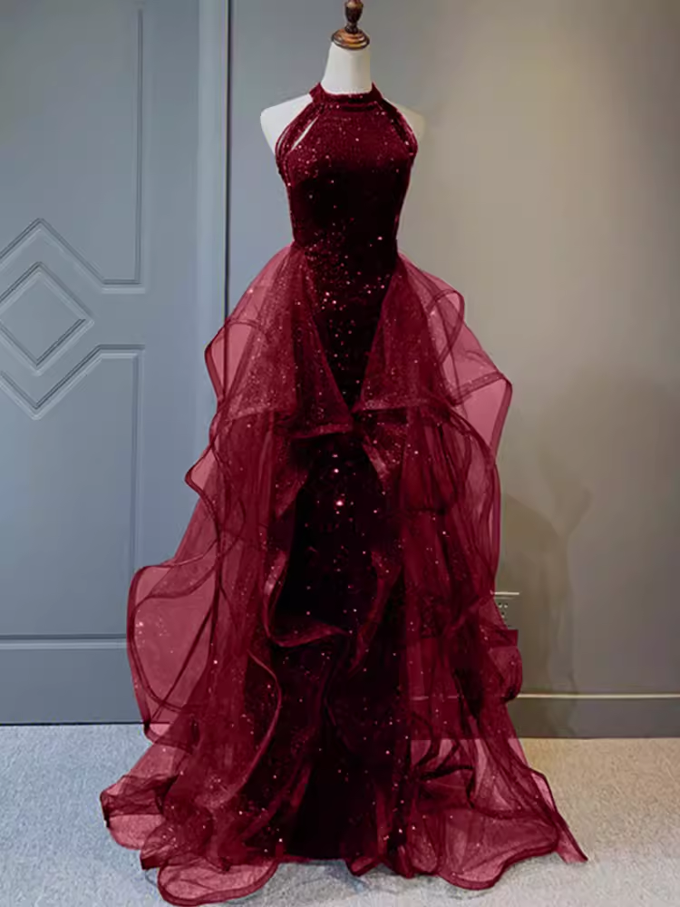 Sparkly Sheath Burgundy Sequin Long Formal Prom Dresses Party Dresses Secondary image