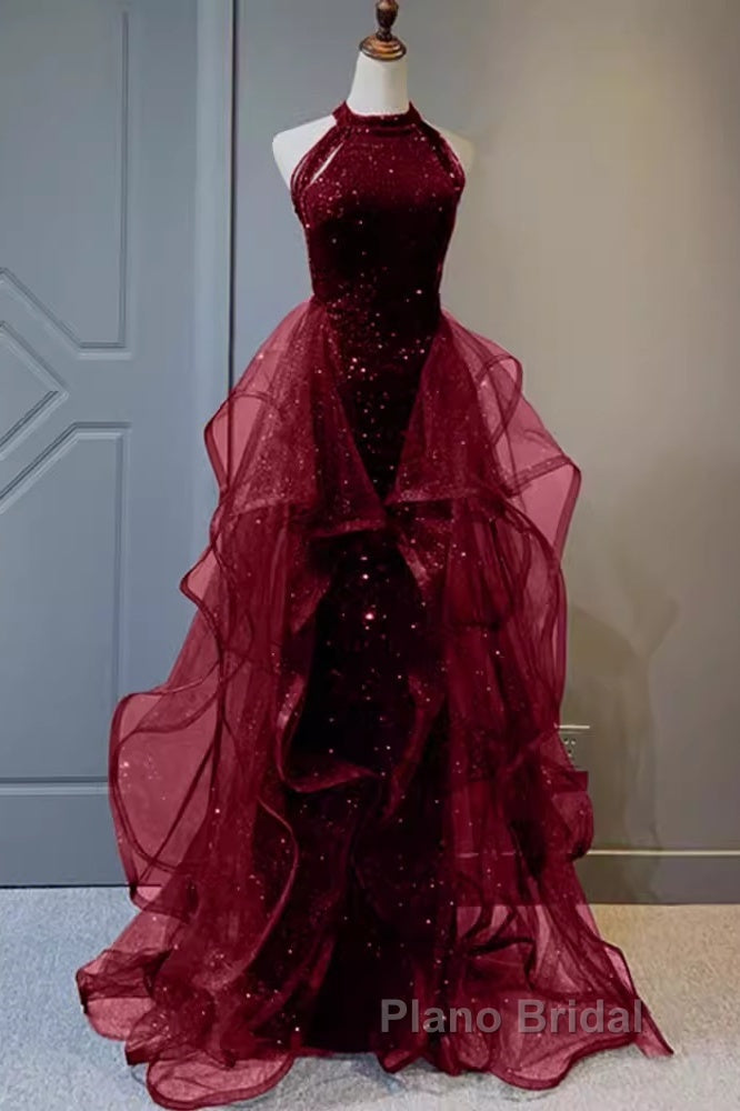 Sparkly Sheath Burgundy Sequin Long Formal Prom Dresses Party Dresses