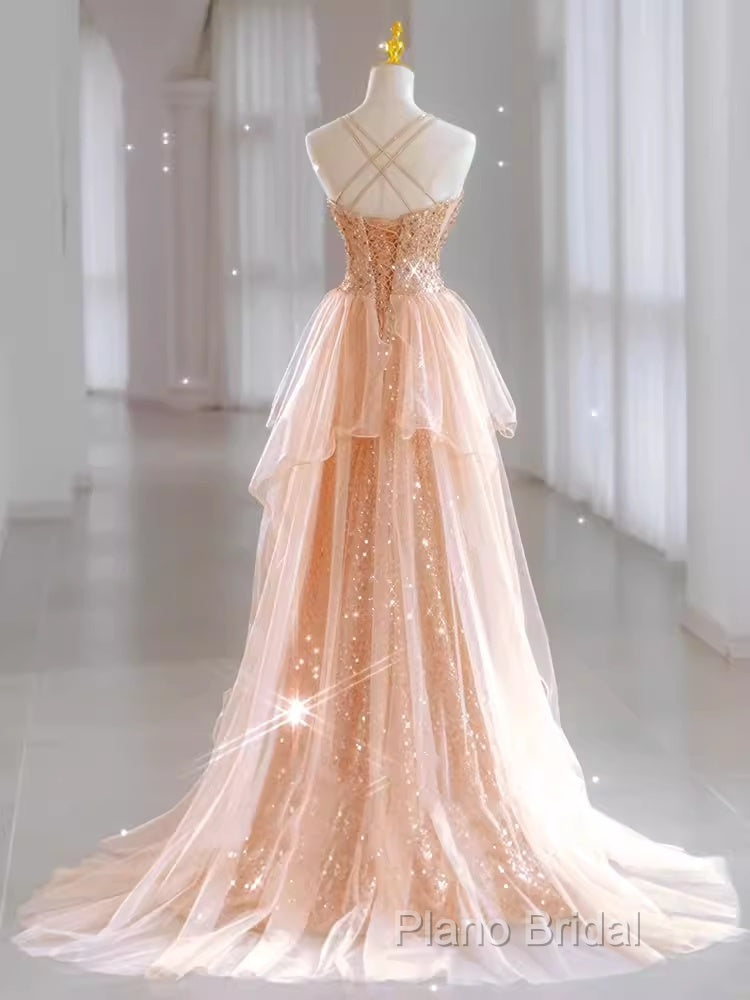 Sparkly Sheath Champagne Sequin Long Formal Prom Dresses Party Dresses