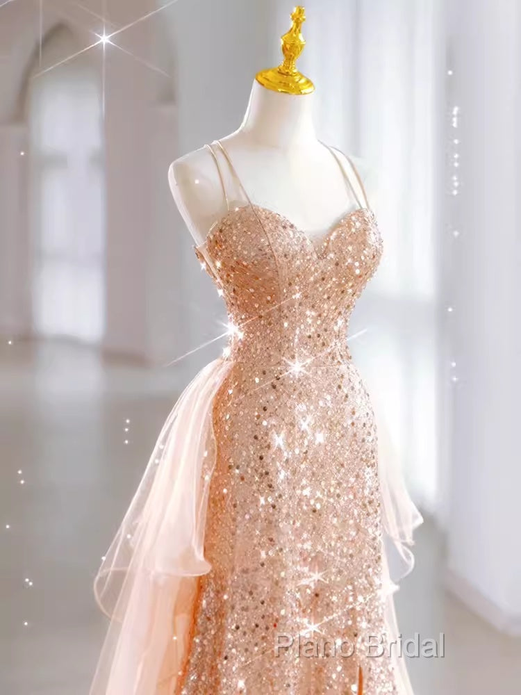 Sparkly Sheath Champagne Sequin Long Formal Prom Dresses Party Dresses