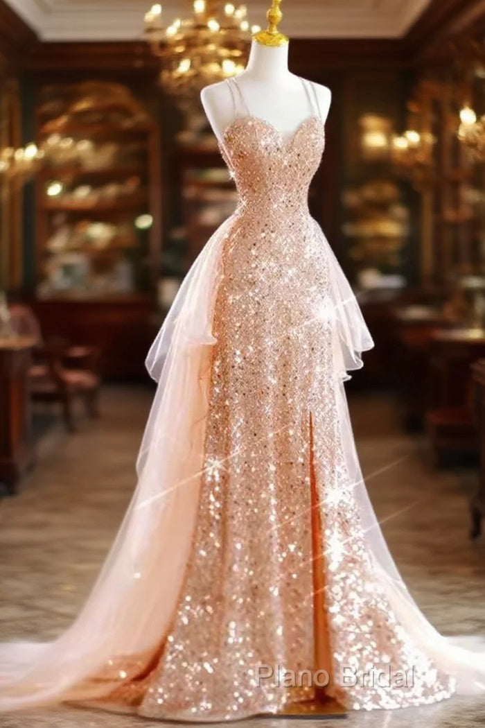 Sparkly Sheath Champagne Sequin Long Formal Prom Dresses Party Dresses Main image