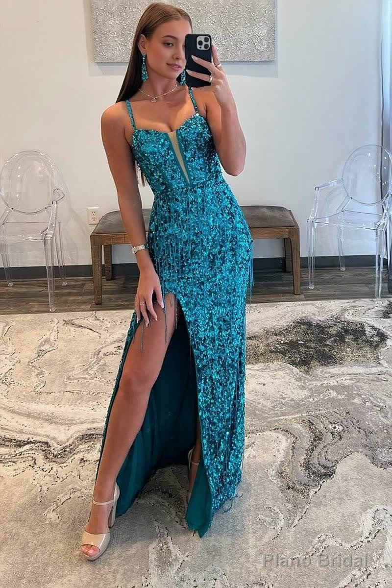 Sparkly Sheath V Neck Sequins Long Prom Dresses With Split Main image