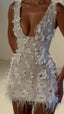 Sparkly Sheath V Neck White Feathers Beaded Wedding Dresses Short Bridal Gown Wedding Dresses