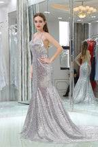 Sparkly Silver Sequined Mermaid Halter Backless Prom Dresses