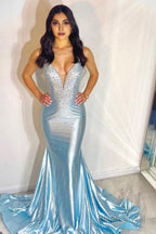 Sparkly Sky Blue Beaded Mermaid Long Prom Dress