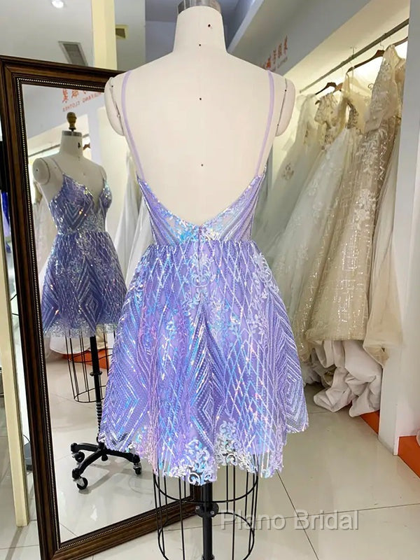 Sparkly Spaghetti Straps V-Neck Sequin Short Purple Homecoming Dresses Online,