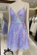 Sparkly Spaghetti Straps V-Neck Sequin Short Purple Homecoming Dresses Online,