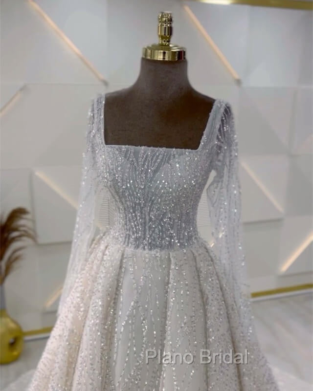 Sparkly Square Neck Long Sleeve Wedding Dresses Secondary image