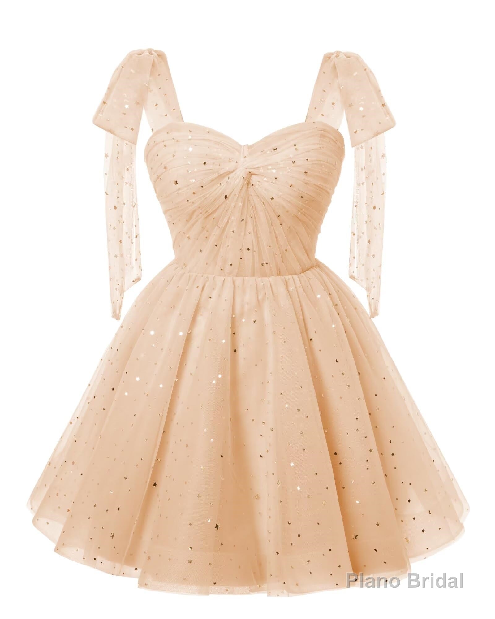 Sparkly Starry Blush Pink Tulle Short Homecoming Dresses Spaghetti Bow Straps Prom Dress Sequin Cocktail Party Dress for Teens Main image