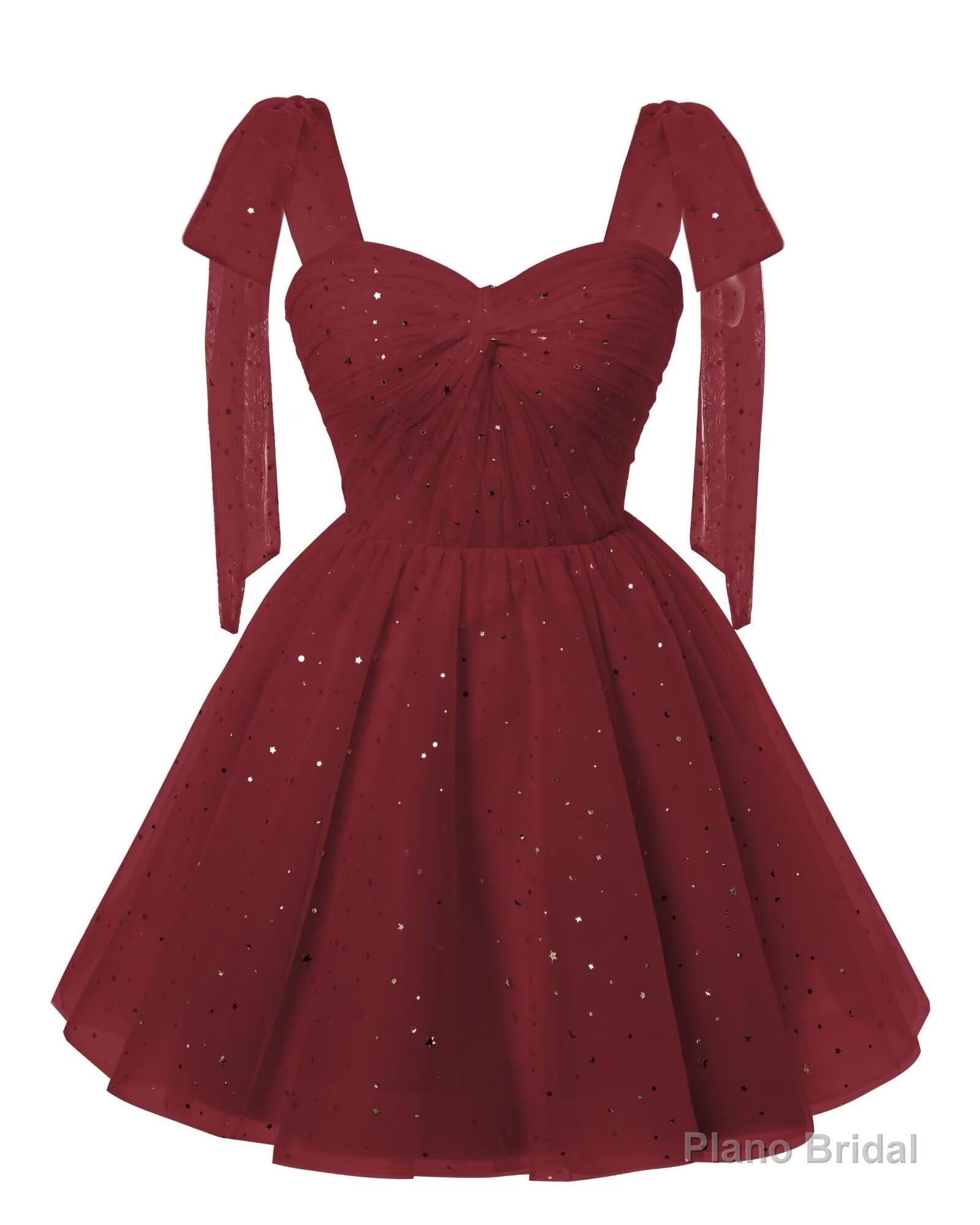Sparkly Starry Burgundy Tulle Short Homecoming Dresses Spaghetti Bow Straps Prom Dress Sequin Cocktail Party Dress for Teens Main image