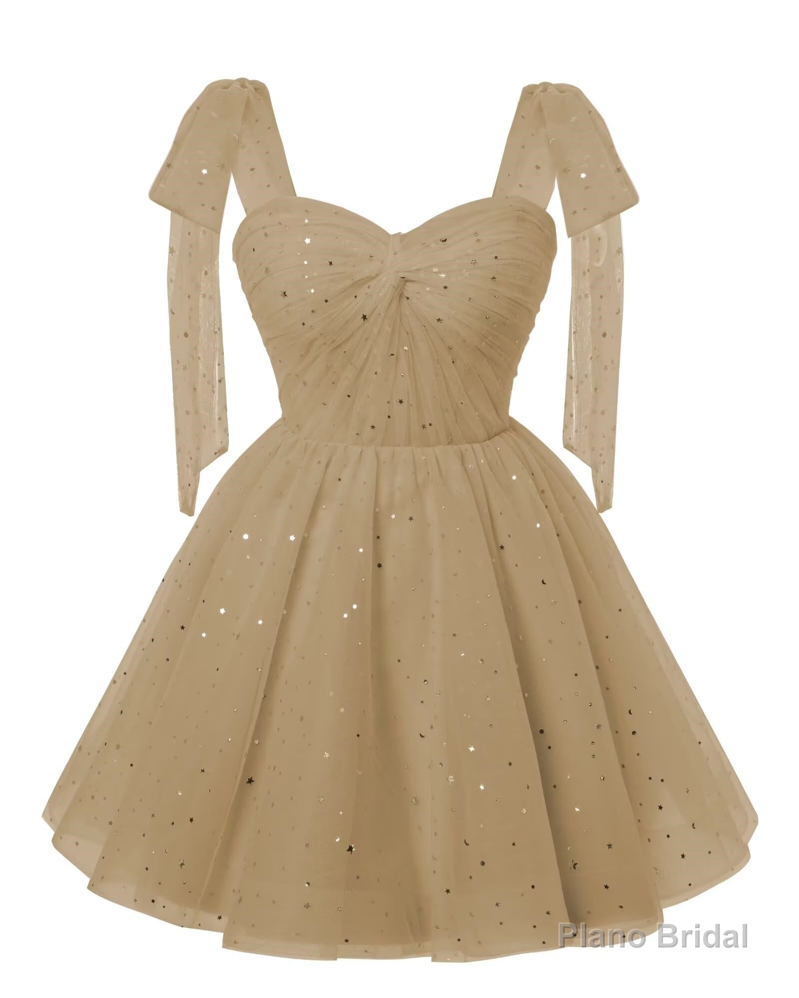 Sparkly Starry Champagne Tulle Short Homecoming Dresses Spaghetti Bow Straps Prom Dress Sequin Cocktail Party Dress for Teens Secondary image