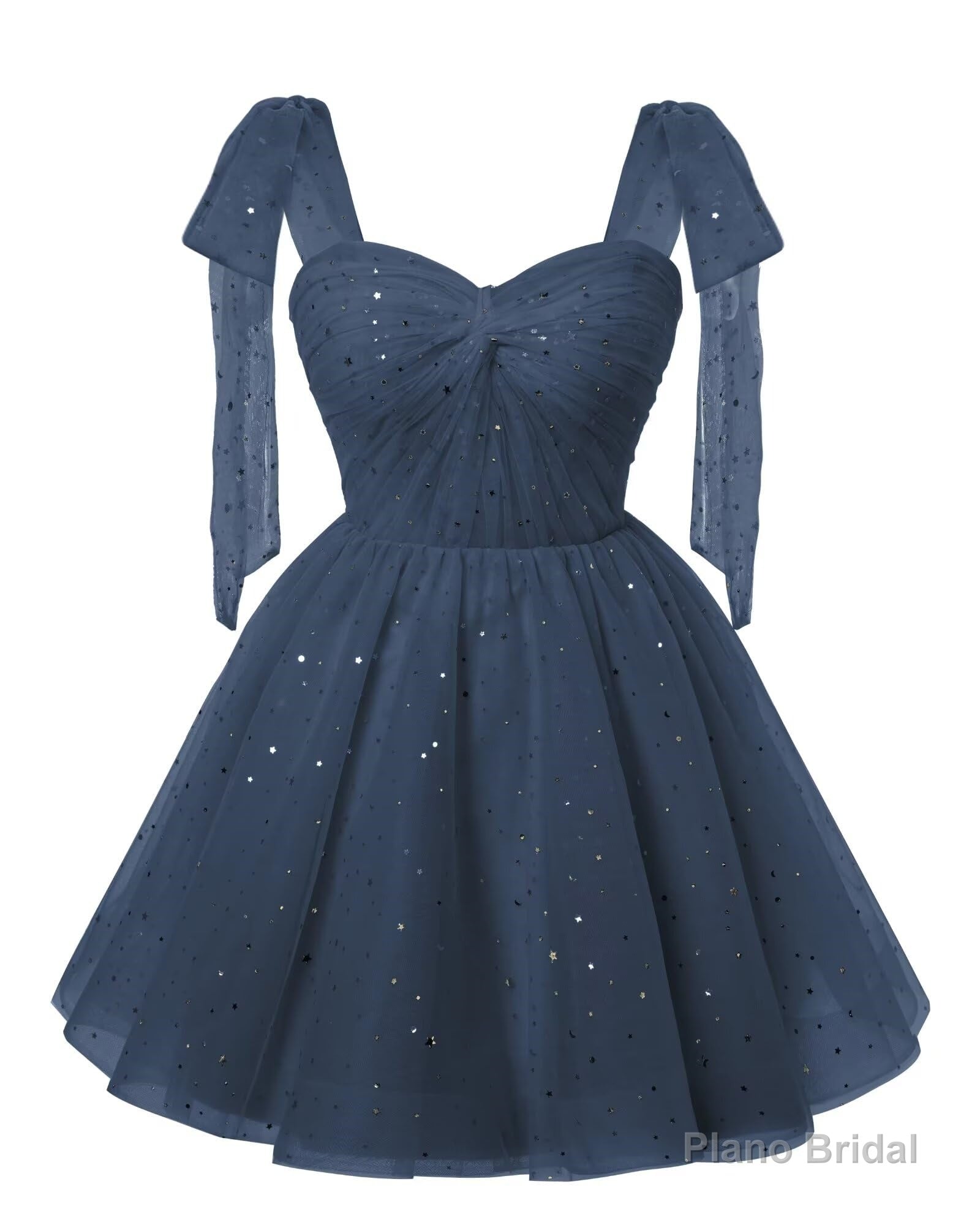 Sparkly Starry Navy Blue Tulle Short Homecoming Dresses Spaghetti Bow Straps Prom Dress Sequin Cocktail Party Dress for Teens Secondary image