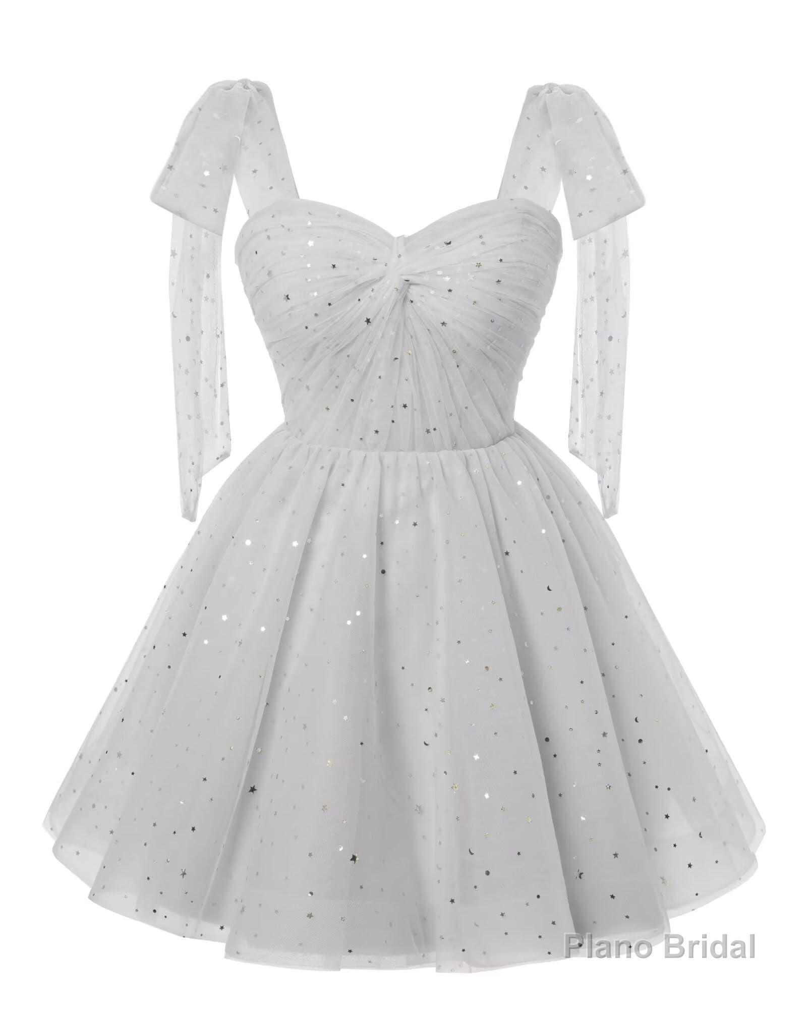 Sparkly Starry Silver Gray Tulle Short Homecoming Dresses Spaghetti Bow Straps Prom Dress Sequin Cocktail Party Dress for Teens Secondary image