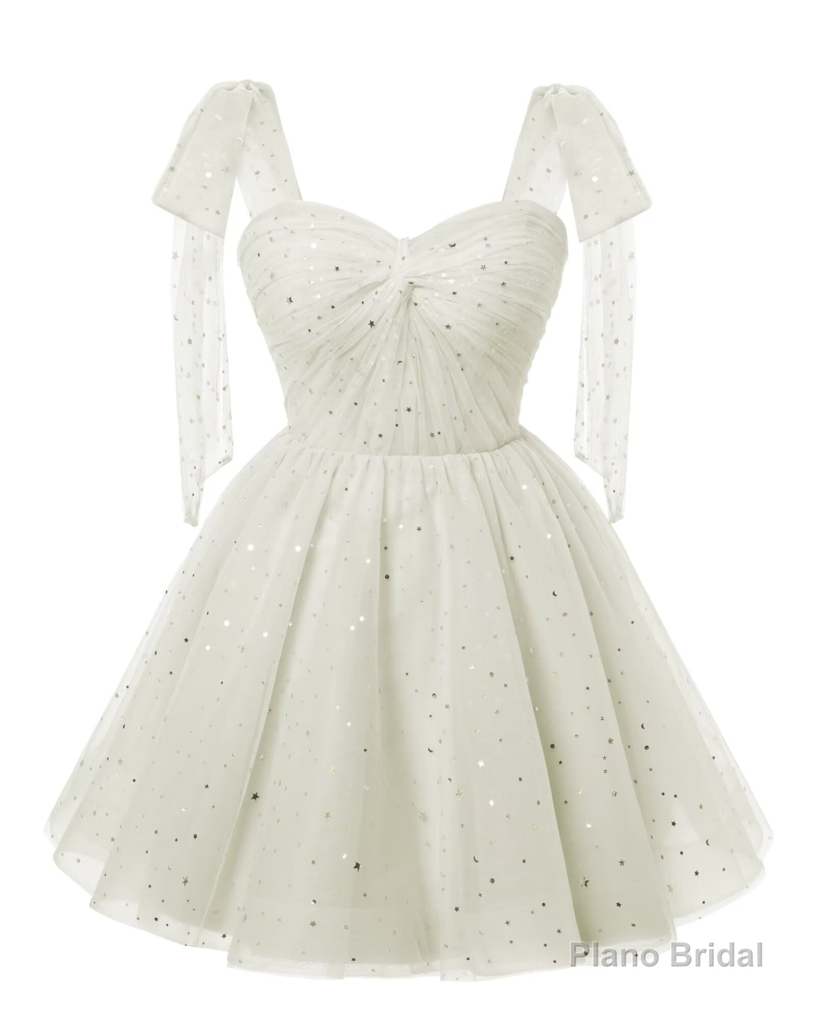 Sparkly Starry White Tulle Short Homecoming Dresses Spaghetti Bow Straps Prom Dress Sequin Cocktail Party Dress for Teens Secondary image