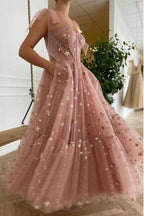 Sparkly Stars Tulle Blush Pink Formal Prom Dressese Shiny Princess Formal Evening Dresses With Straps