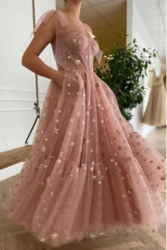 Sparkly Stars Tulle Blush Pink Formal Prom Dressese Shiny Princess Formal Evening Dresses With Straps