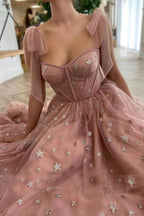 Sparkly Stars Tulle Blush Pink Formal Prom Dressese Shiny Princess Formal Evening Dresses With Straps