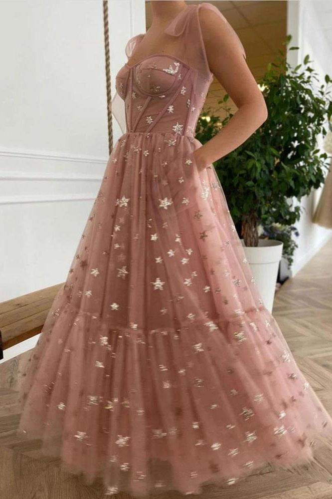 Sparkly Stars Tulle Blush Pink Formal Prom Dressese Shiny Princess Formal Evening Dresses With Straps