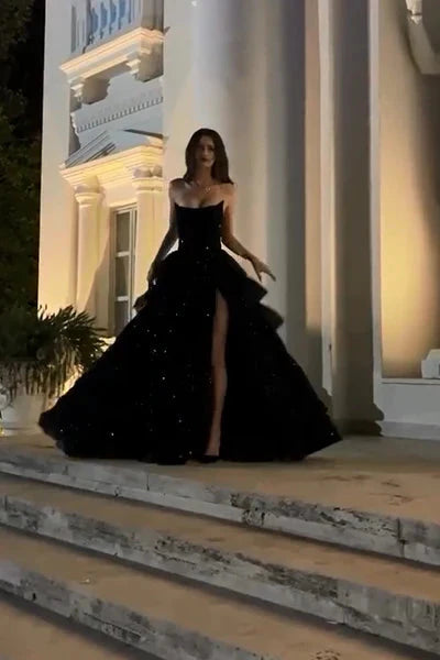 Sparkly Stunning Black Sequined Sleeveless Strapless Long Prom Dress With Split Main image