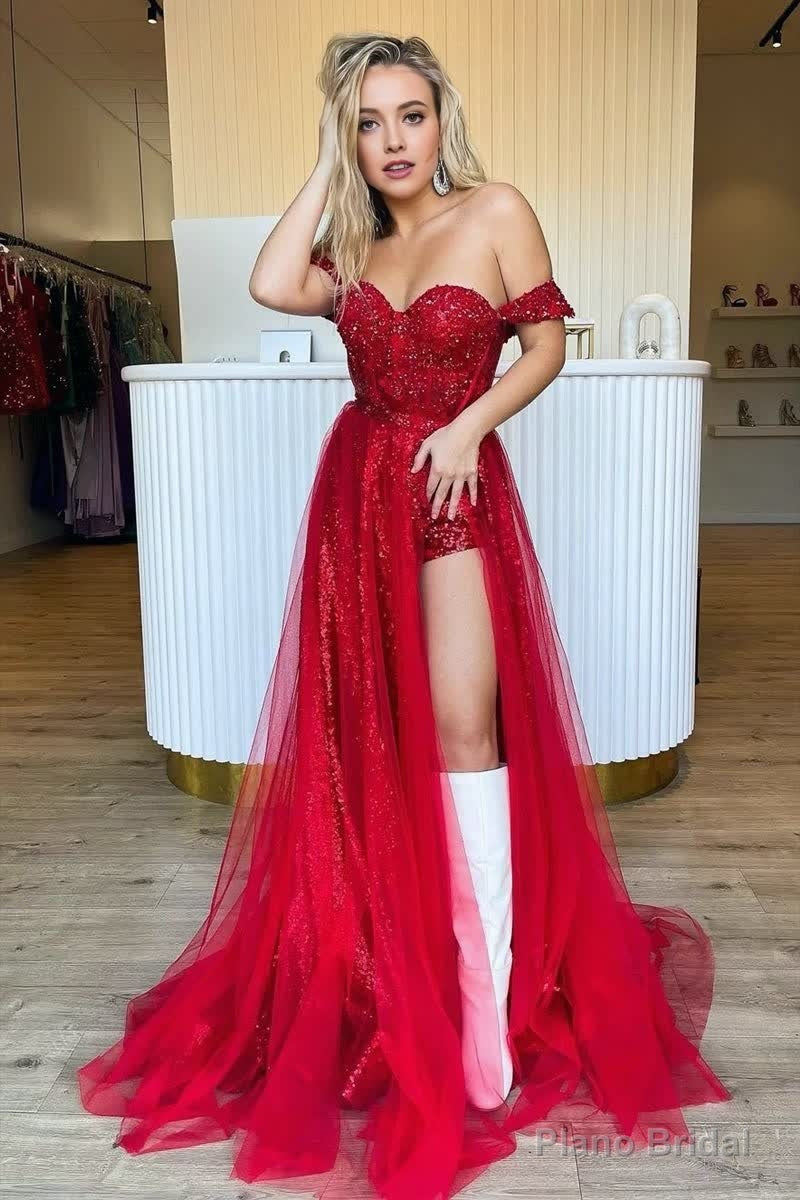 Sparkly Tow Piece Off the Shoulder Red Sequins Long Prom Dresses Main image