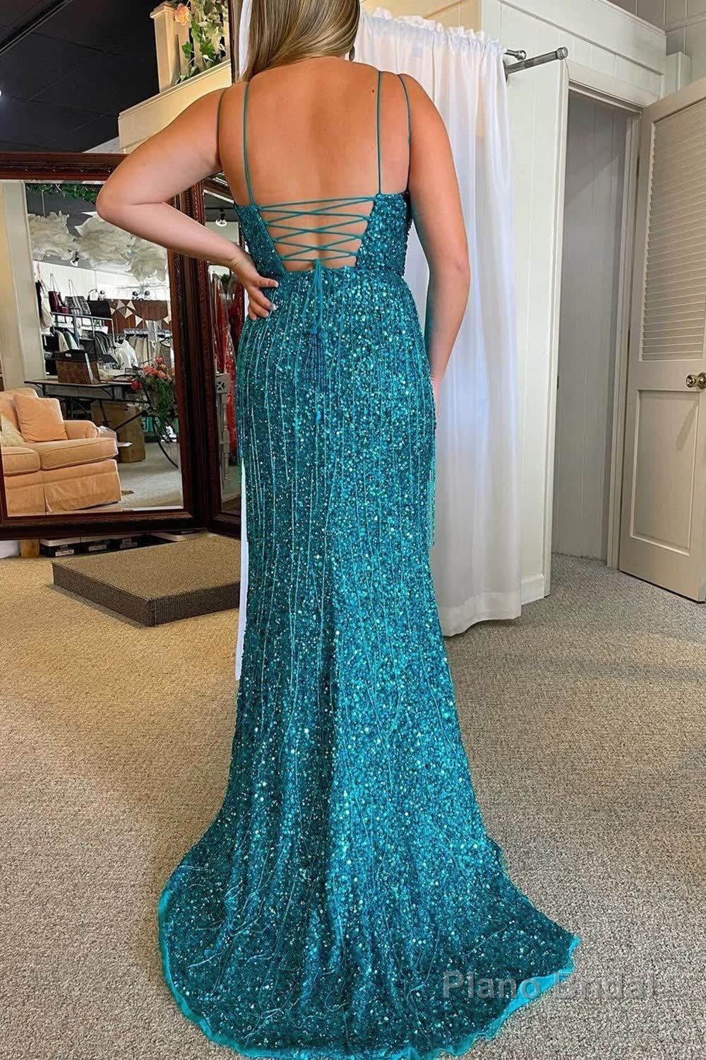 Sparkly Turquoise Mermaid Sequins Long Prom Dress with Fringes Secondary image