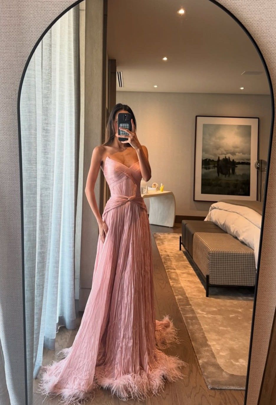Special A Line Sweetheart Pleated Chiffon Pink Sleeveless Feathers Long Formal Prom Dresses Inspo Formal Prom Gown Main image