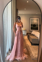 Special A Line Sweetheart Pleated Chiffon Pink Sleeveless Feathers Long Formal Prom Dresses Inspo Formal Prom Gown