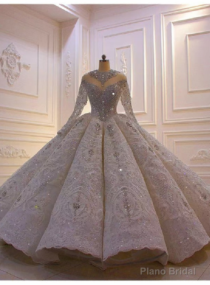 Spuer Luxury Dubai Long Sleeve Lace Beading Crystal Wedding Dress With Long Train Main image