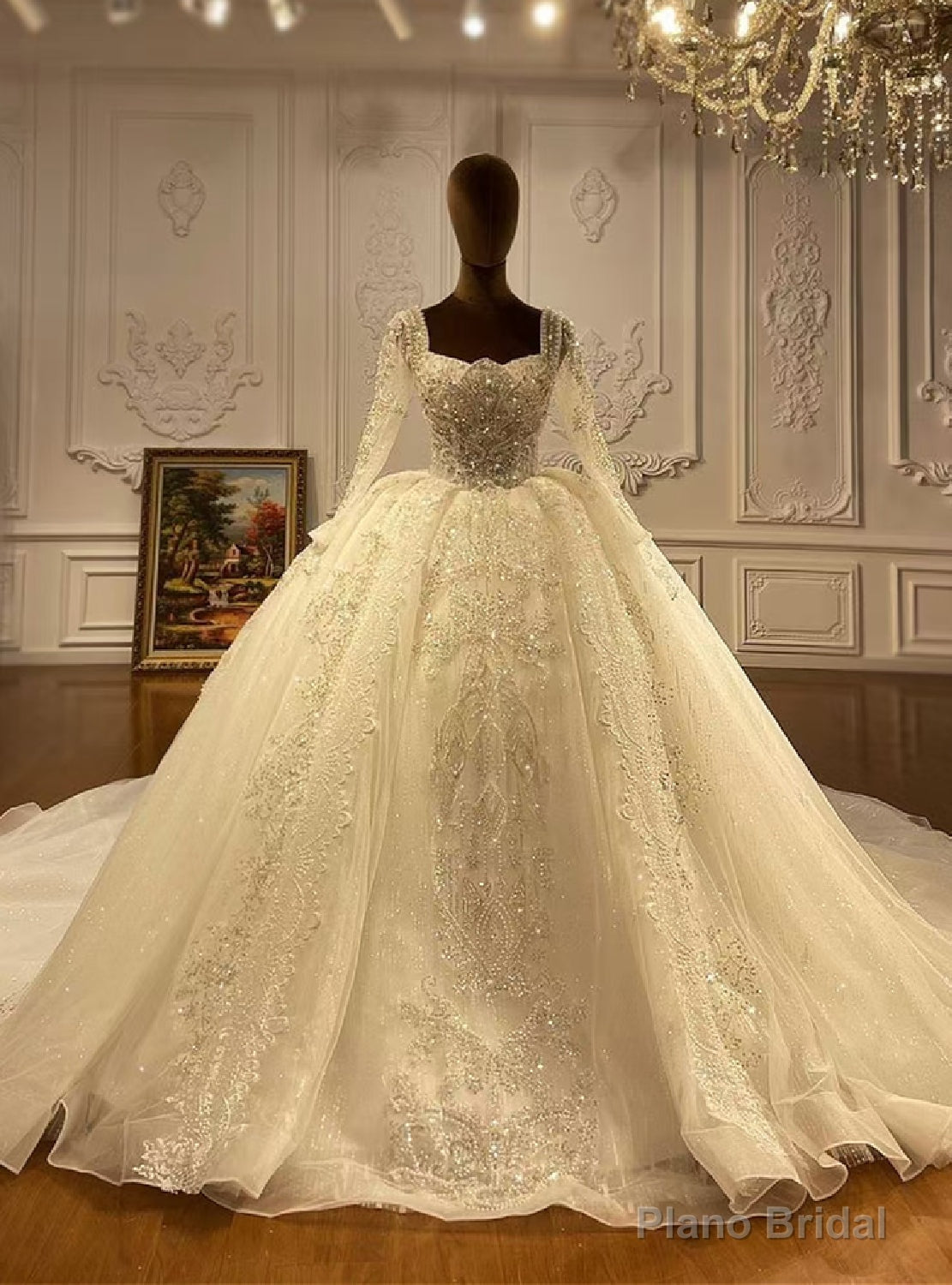 Square Long Sleeve Tulle Sequins HandWork Beading Wedding Dress Main image