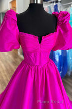 Square Neck Fuchsia Puff Sleeves A-Line Formal Prom Dresses