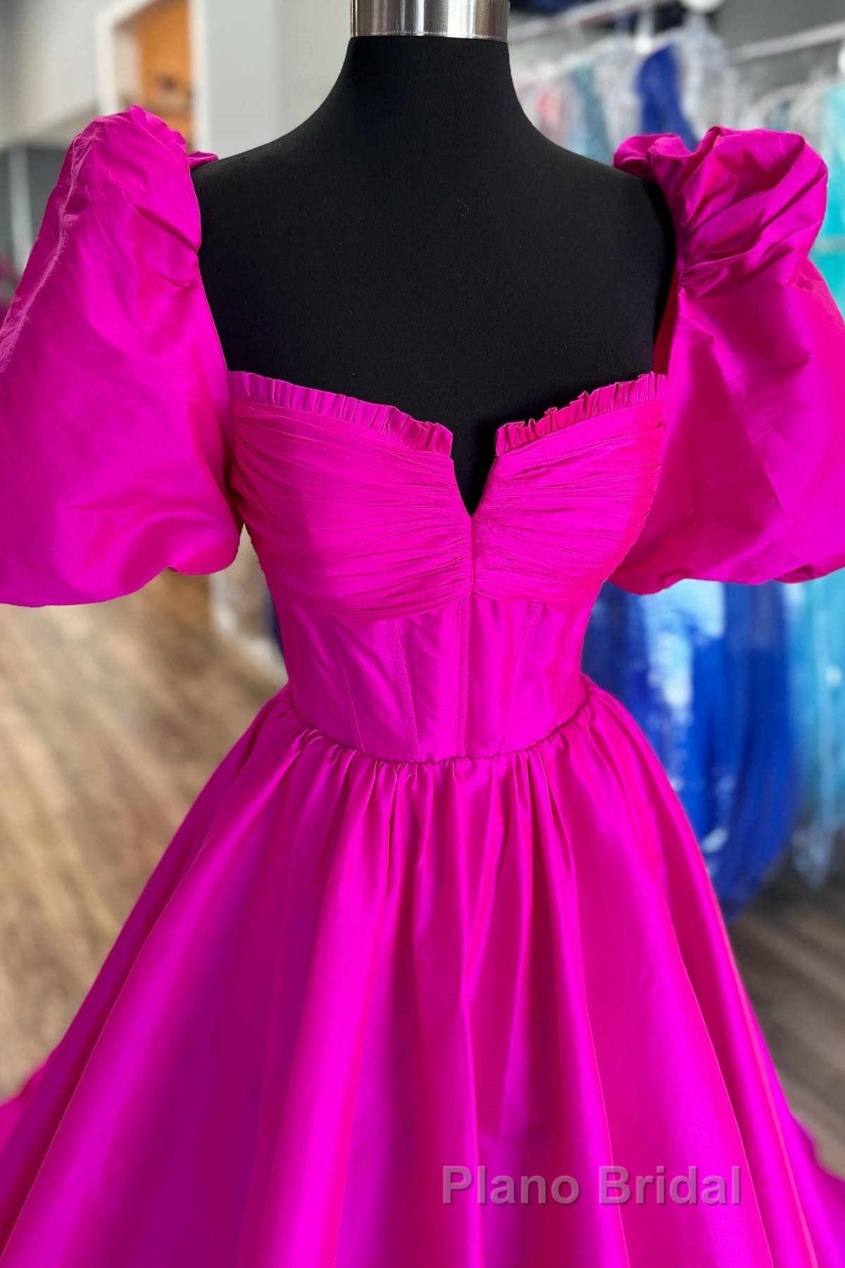 Square Neck Fuchsia Puff Sleeves A-Line Formal Prom Dresses