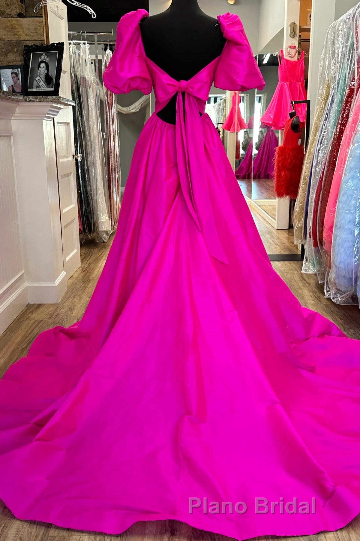 Square Neck Fuchsia Puff Sleeves A-Line Formal Prom Dresses